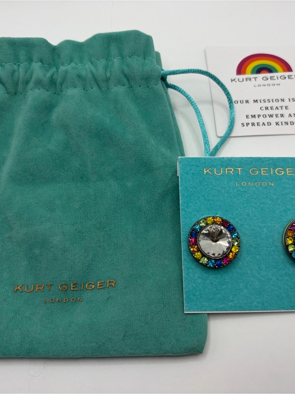 Kurt Geiger Teal Drawstring Pouch with Rainbow Crystal Button Earrings - Picture 2 of 3